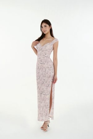 French V-Neck Fitted Split Printed Chiffon Long Dress - Elegant Summer Style, Perfect for 90s Inspired or Y2K Fashion