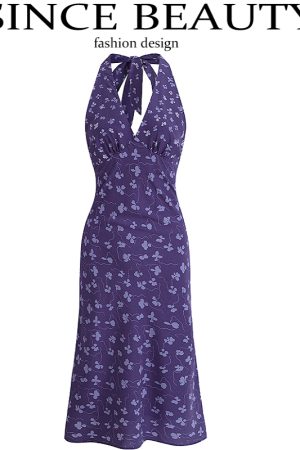 French Vintage Backless Floral Halter V-Neck Dress for Summer 2025 - Chic Vacation Style