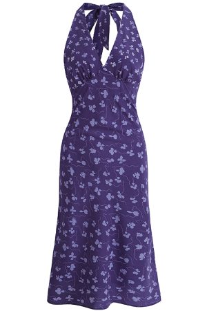 French Vintage Backless Floral Halter V-Neck Dress for Summer 2025 - Chic Vacation Style