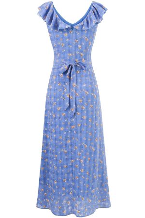 French Vintage Blue Floral Vacation Dress for Women - 2025 Summer Long Tea Break Style