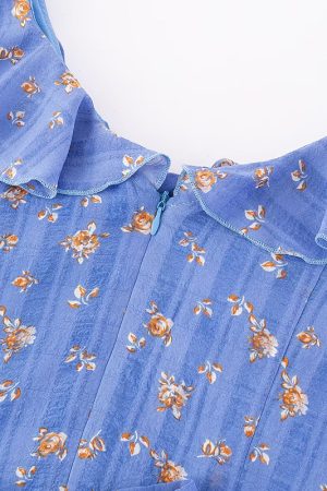 French Vintage Blue Floral Vacation Dress for Women - 2025 Summer Long Tea Break Style