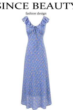 French Vintage Blue Floral Vacation Dress for Women - 2025 Summer Long Tea Break Style