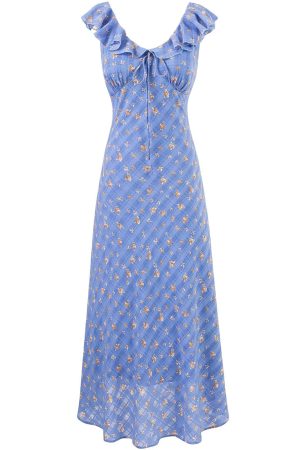French Vintage Blue Floral Vacation Dress for Women - 2025 Summer Long Tea Break Style
