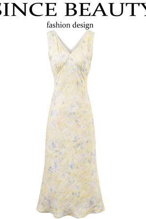 French Vintage Floral Long Slip Dress for Women - Waist-Defined Summer 2025 Fashion, Perfect for 90s and Y2K Inspired Styles