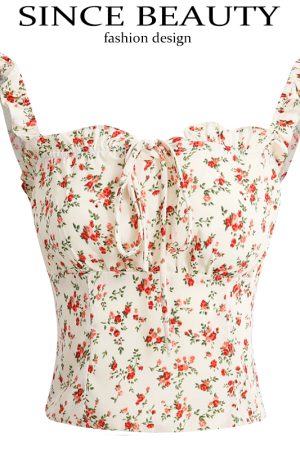 French Vintage Floral Spaghetti Strap Crop Top with Open Back - 2025 Summer Style, Boho Chic, Y2K Inspired