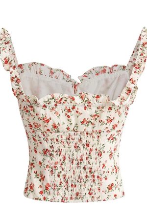 French Vintage Floral Spaghetti Strap Crop Top with Open Back - 2025 Summer Style, Boho Chic, Y2K Inspired