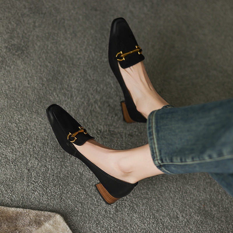 French Vintage Genuine Leather Small Square Toe Color-Worn Mid-Heel Shoes for Women - 2025 Versatile Y2K Style