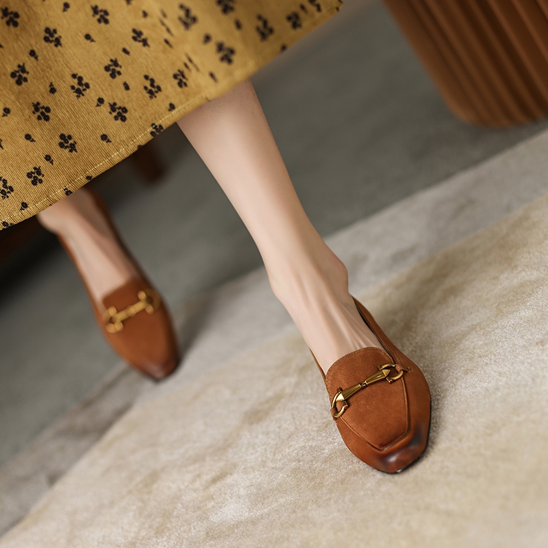 French Vintage Genuine Leather Small Square Toe Color-Worn Mid-Heel Shoes for Women - 2025 Versatile Y2K Style