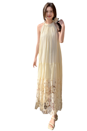 French Vintage Hollow Flower Embroidery Halter Dress - Loose Fit, Flattering Sleeveless Long Swing Dress for Vacation Style