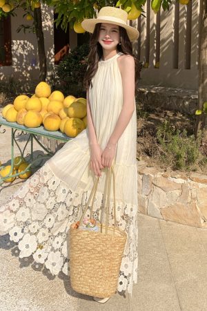 French Vintage Hollow Flower Embroidery Halter Dress - Loose Fit, Flattering Sleeveless Long Swing Dress for Vacation Style