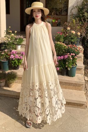 French Vintage Hollow Flower Embroidery Halter Dress - Loose Fit, Flattering Sleeveless Long Swing Dress for Vacation Style