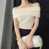 French Vintage Off-Shoulder Short Sleeve Knitted Top for Women - Light Fabric Slim-Fit Versatile Base Layer for Spring and Summer