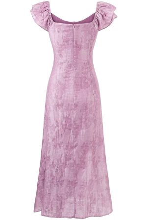 French Vintage Purple Jacquard Dress for Women - 2025 Summer Flying Sleeve Long Dress in 90s Inspired Style