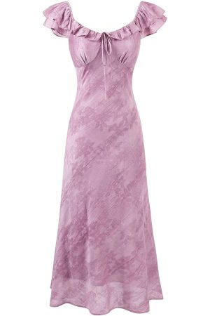 French Vintage Purple Jacquard Dress for Women - 2025 Summer Flying Sleeve Long Dress in 90s Inspired Style