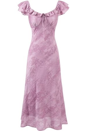 French Vintage Purple Jacquard Dress for Women - 2025 Summer Flying Sleeve Long Dress in 90s Inspired Style