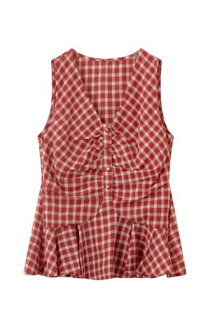 French Vintage Red Plaid Sleeveless Vest Top for Women - Summer Beach Vacation Fashion, Hot Girl Style