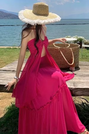 French Vintage Sexy Strapless Halter Dress with Flowing Long Skirt for Seaside Vacation - Boho Chic Summer Style