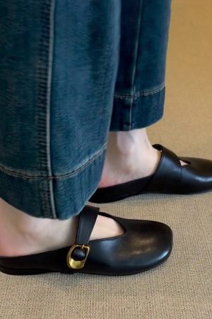 French Vintage Sheepskin Half Slippers for Women - Versatile Spring Flat Round-Toe Outdoor Slippers