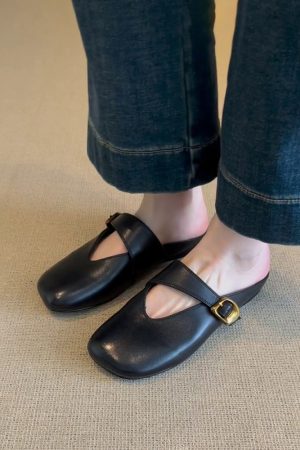 French Vintage Sheepskin Half Slippers for Women - Versatile Spring Flat Round-Toe Outdoor Slippers