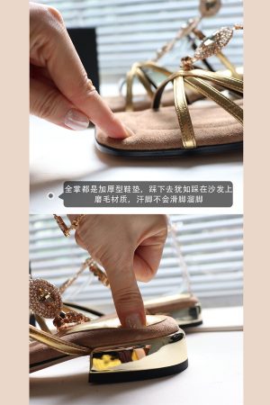 French Vintage Sheepskin High-Heeled Roman Sandals for Women - Summer Rhinestone One-Strap Genuine Leather Square-Toe Design