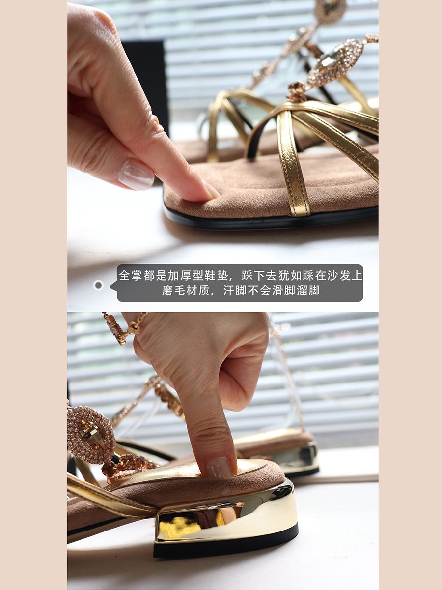 French Vintage Sheepskin High-Heeled Roman Sandals for Women - Summer Rhinestone One-Strap Genuine Leather Square-Toe Design French Vintage Sheepskin High-Heeled Roman Sandals for Women - Summer Rhinestone One-Strap Genuine Leather Square-Toe Design