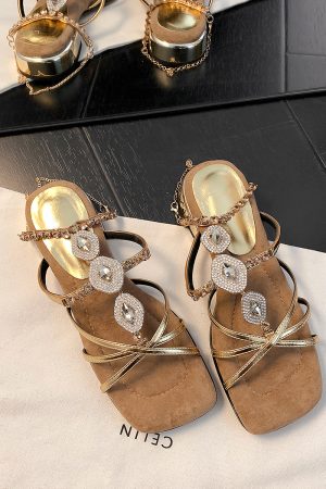 French Vintage Sheepskin High-Heeled Roman Sandals for Women - Summer Rhinestone One-Strap Genuine Leather Square-Toe Design