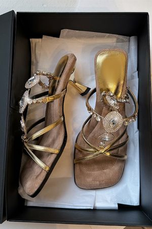 French Vintage Sheepskin High-Heeled Roman Sandals for Women - Summer Rhinestone One-Strap Genuine Leather Square-Toe Design