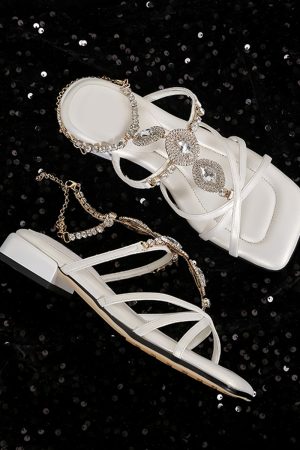 French Vintage Sheepskin High-Heeled Roman Sandals for Women - Summer Rhinestone One-Strap Genuine Leather Square-Toe Design