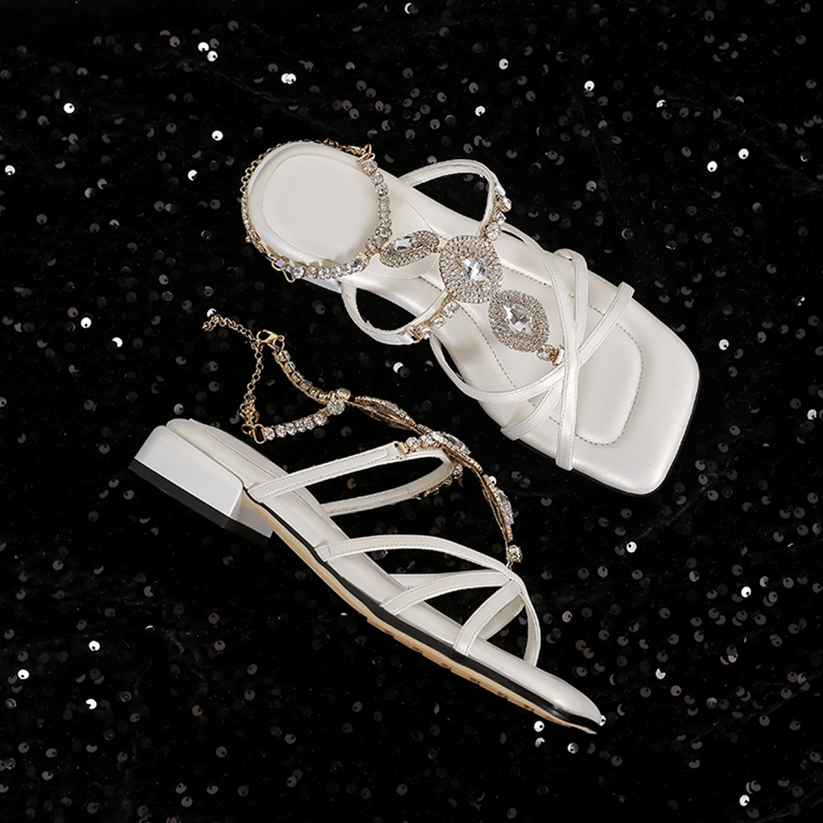 French Vintage Sheepskin High-Heeled Roman Sandals for Women - Summer Rhinestone One-Strap Genuine Leather Square-Toe Design French Vintage Sheepskin High-Heeled Roman Sandals for Women - Summer Rhinestone One-Strap Genuine Leather Square-Toe Design