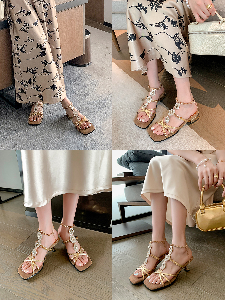 French Vintage Sheepskin High-Heeled Roman Sandals for Women - Summer Rhinestone One-Strap Genuine Leather Square-Toe Design French Vintage Sheepskin High-Heeled Roman Sandals for Women - Summer Rhinestone One-Strap Genuine Leather Square-Toe Design