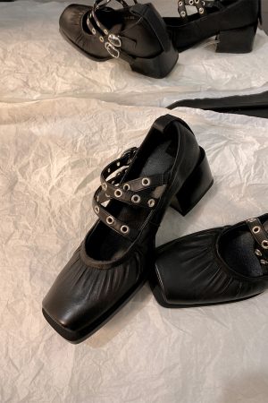 French Vintage Sheepskin Square-Toe Ballet Shoes for Women, Chunky Heels Cross-Strap Mary Janes, Genuine Leather Flats