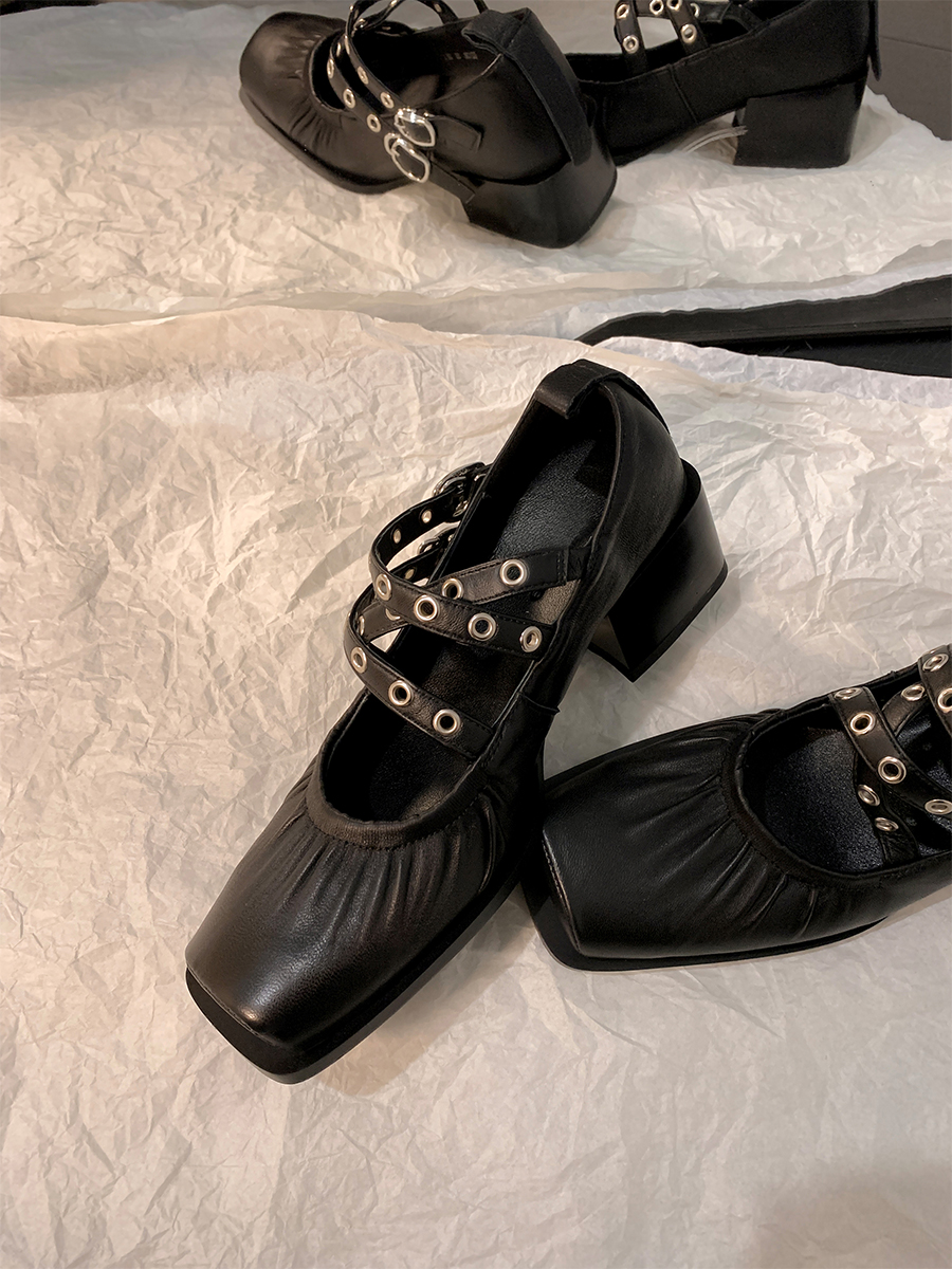 French Vintage Sheepskin Square-Toe Ballet Shoes for Women, Chunky Heels Cross-Strap Mary Janes, Genuine Leather Flats French Vintage Sheepskin Square-Toe Ballet Shoes for Women, Chunky Heels Cross-Strap Mary Janes, Genuine Leather Flats