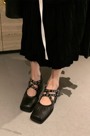 French Vintage Sheepskin Square-Toe Ballet Shoes for Women, Chunky Heels Cross-Strap Mary Janes, Genuine Leather Flats