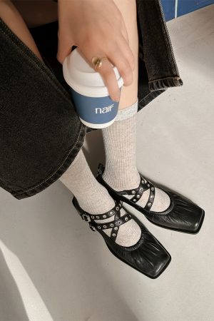 French Vintage Sheepskin Square-Toe Ballet Shoes for Women, Chunky Heels Cross-Strap Mary Janes, Genuine Leather Flats