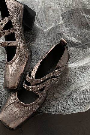 French Vintage Sheepskin Square-Toe Ballet Shoes for Women, Chunky Heels Cross-Strap Mary Janes, Genuine Leather Flats