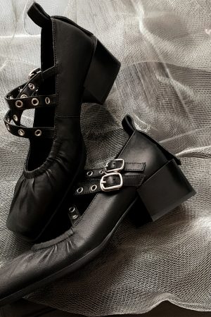 French Vintage Sheepskin Square-Toe Ballet Shoes for Women, Chunky Heels Cross-Strap Mary Janes, Genuine Leather Flats