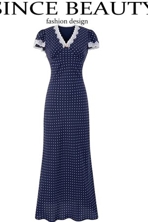 French Vintage V-Neck Polka Dot Long Vacation Dress for Women - 2025 Summer Style, Perfect for 90s Inspired Looks