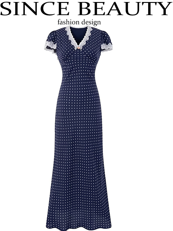French Vintage V-Neck Polka Dot Long Vacation Dress for Women - 2025 Summer Style, Perfect for 90s Inspired Looks French Vintage V-Neck Polka Dot Long Vacation Dress for Women - 2025 Summer Style, Perfect for 90s Inspired Looks