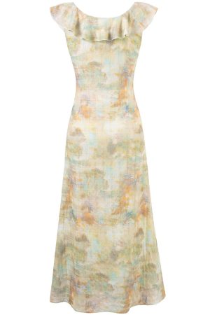 French Vintage V-Neck Ruffled Gradient Printed Dress for Women - Summer 2025 Long Skirt, Boho Chic Style