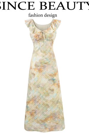 French Vintage V-Neck Ruffled Gradient Printed Dress for Women - Summer 2025 Long Skirt, Boho Chic Style