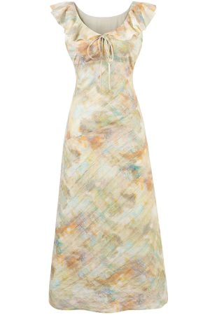 French Vintage V-Neck Ruffled Gradient Printed Dress for Women - Summer 2025 Long Skirt, Boho Chic Style