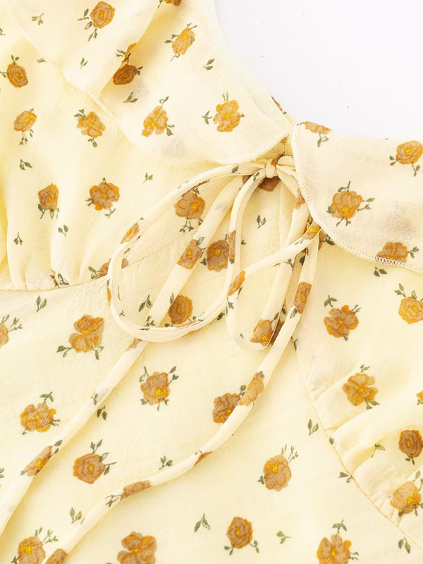 French Vintage Yellow Floral Long Dress for Women - 2025 Summer Tea Break Vacation Style French Vintage Yellow Floral Long Dress for Women - 2025 Summer Tea Break Vacation Style