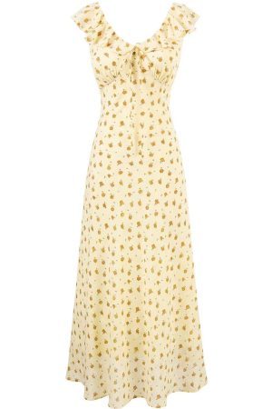 French Vintage Yellow Floral Long Dress for Women - 2025 Summer Tea Break Vacation Style