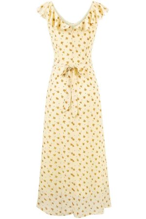 French Vintage Yellow Floral Long Dress for Women - 2025 Summer Tea Break Vacation Style