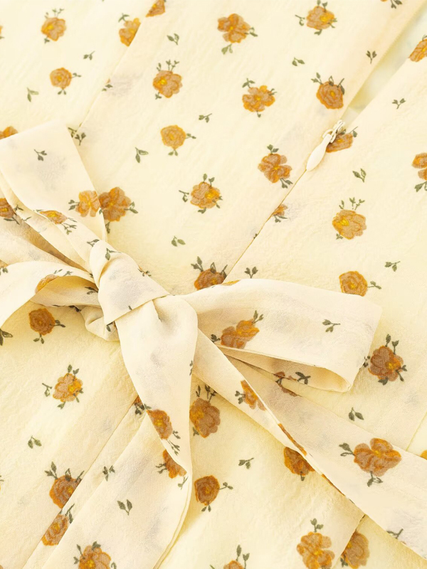 French Vintage Yellow Floral Long Dress for Women - 2025 Summer Tea Break Vacation Style French Vintage Yellow Floral Long Dress for Women - 2025 Summer Tea Break Vacation Style