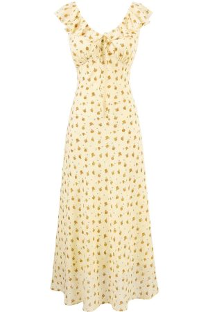 French Vintage Yellow Floral Long Dress for Women - 2025 Summer Tea Break Vacation Style