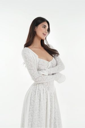 French White Lace Stretch Jacquard Cami Long Dress Set - Elegant Layered Look, Perfect for 90s and Y2K Fashion Lovers