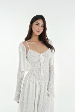 French White Lace Stretch Jacquard Cami Long Dress Set - Elegant Layered Look, Perfect for 90s and Y2K Fashion Lovers