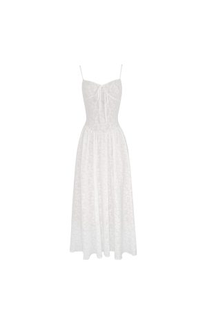 French White Lace Stretch Jacquard Cami Long Dress Set - Elegant Layered Look, Perfect for 90s and Y2K Fashion Lovers