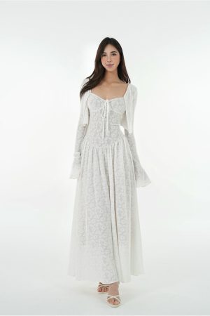 French White Lace Stretch Jacquard Cami Long Dress Set - Elegant Layered Look, Perfect for 90s and Y2K Fashion Lovers